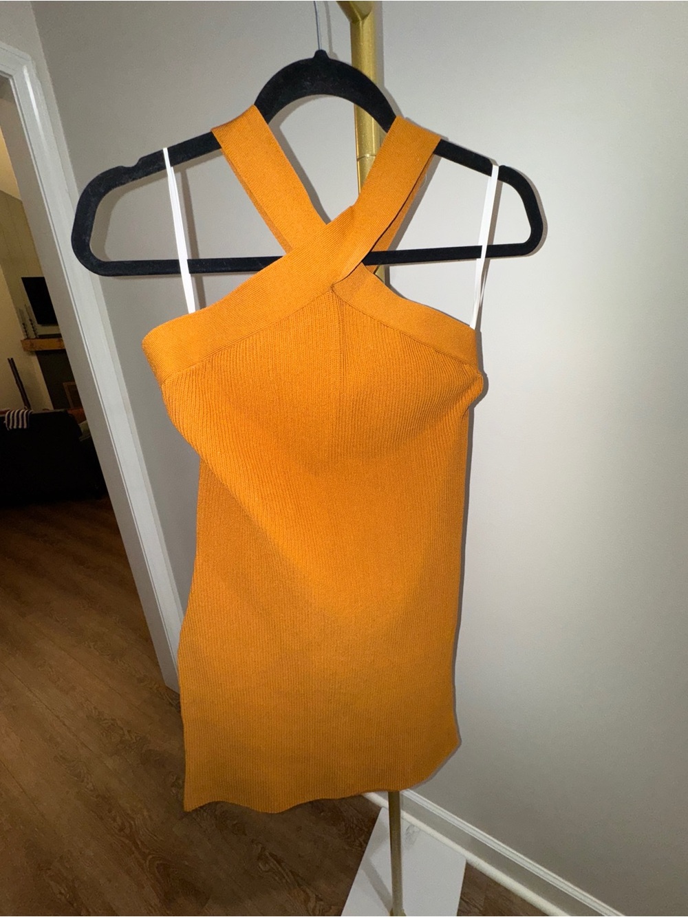 Babaton Orange Cross-Back Knit Mini Dress
